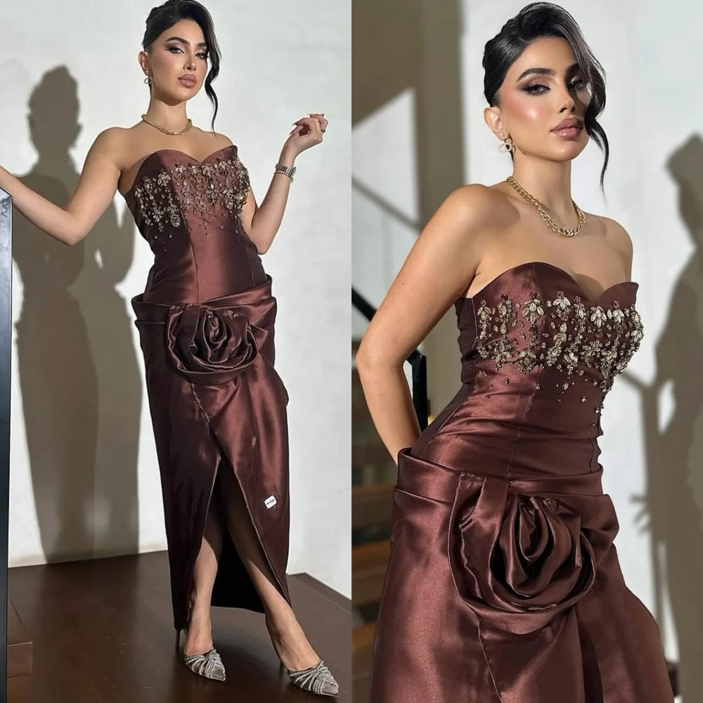 

Customized Modern Sleeveless Evening Dress Exquisite Satin Strapless Prom Dresses Delicate Flowers Special Occasion Gowns