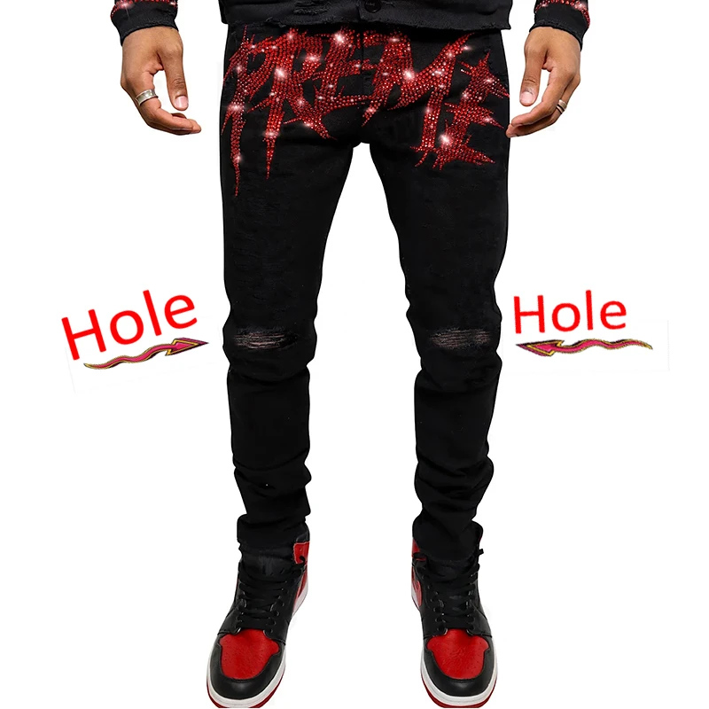 Pantalones pitillo elásticos rasgados para hombre, vaqueros negros ajustados con agujeros, ropa de calle con letras de diamantes de imitación de