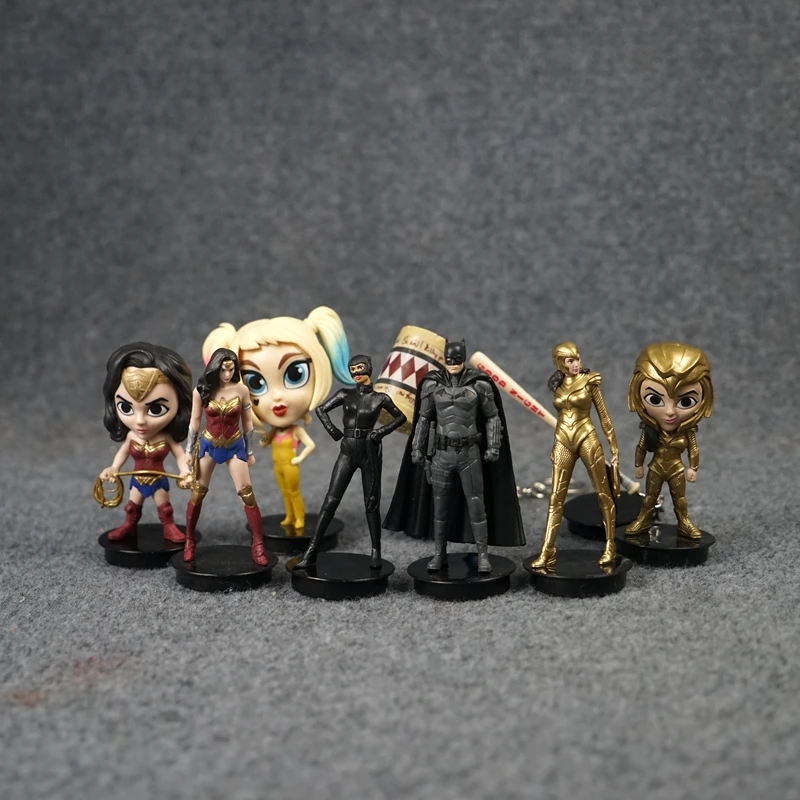 DC Superheroes Figure Ornaments Mini Dolls Batman Cat Wonder Women Harley Quinn Model Toy Collections Kids Gifts