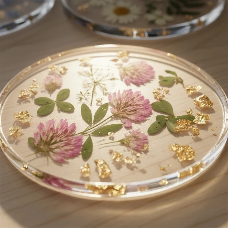 Pressed Flower Acrylic Coasters Set Of 4 With Dried Floral Inlay For Table Decor Home Office Desk Birthday Gift For Women