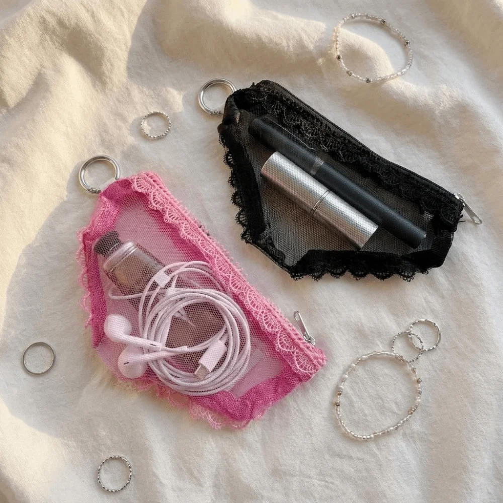 Unique Mesh Briefs Shape Cosmetic Bag Lace Trim Clear Makeup Storage Pouch with Zipper Decorative Travel Cosmetic Bag Jewelry