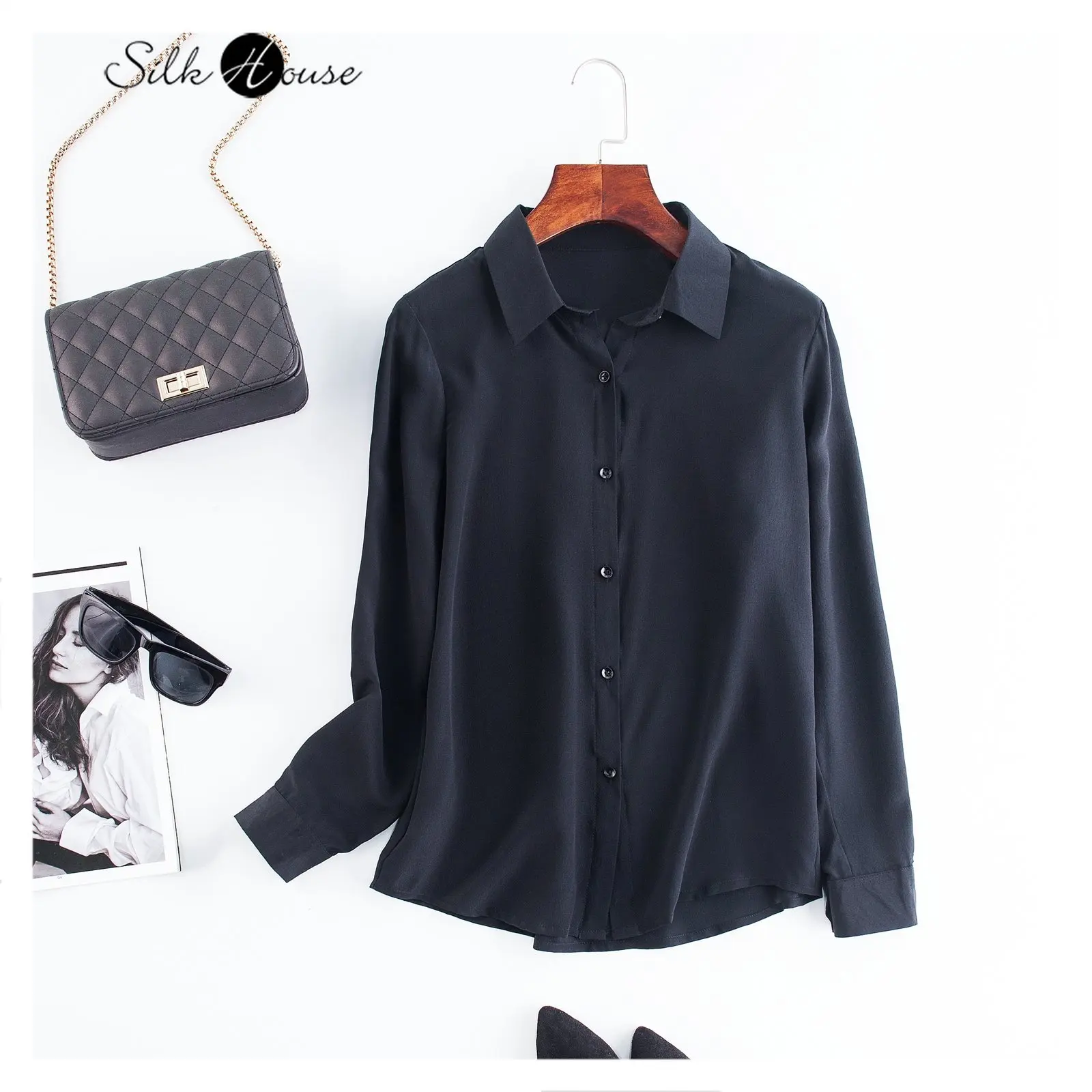 

Black Silk Shirt Women OL Style Versatile Solid Silk Silk Crepe De Chine Long Sleeve Lapel Shirt Shirt