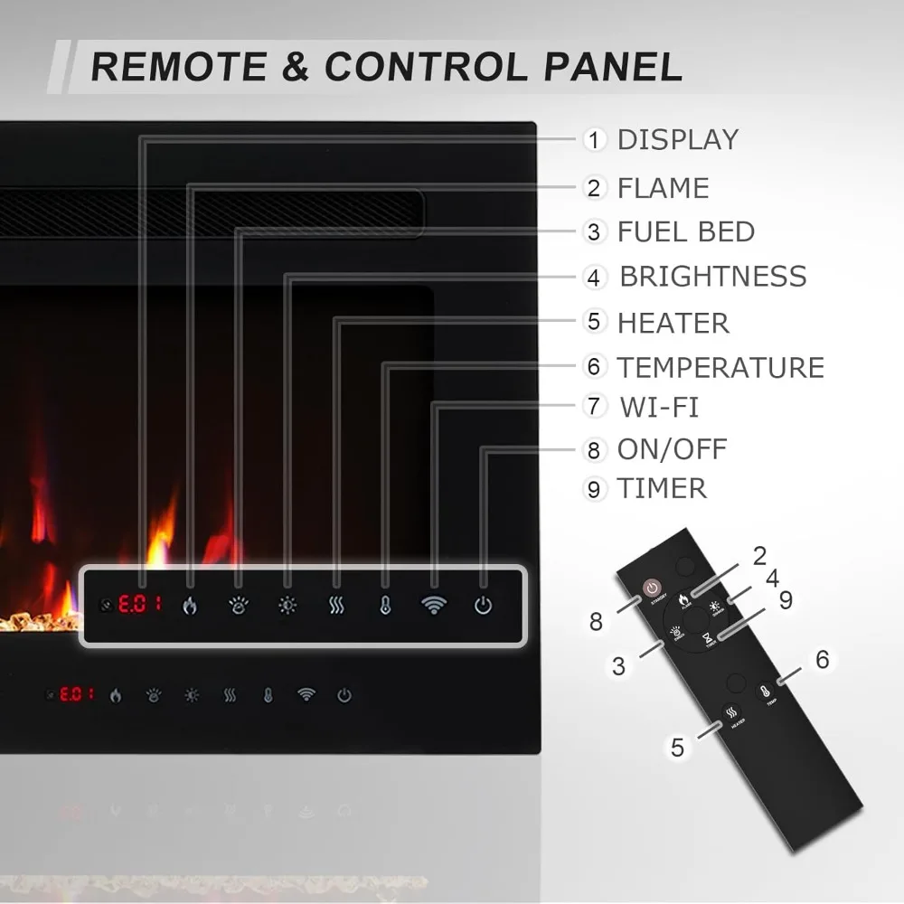 مدفأة كهربائية ذكية مثبتة على الحائط مقاس 50 بوصة من تشانينغ برو، 12 لونًا من اللهب والجمرة، 5 سطوع، سخان 1500 وات،