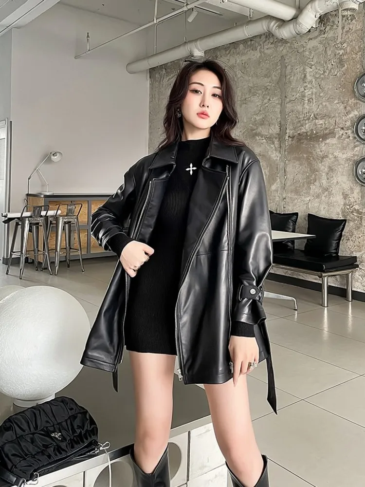Straat Vrouwen Echt Leren Jas Lente Middellange Motorjas Rits Revers Punk Stijl Riem Vrouwelijke Echte Schapenvacht Jas