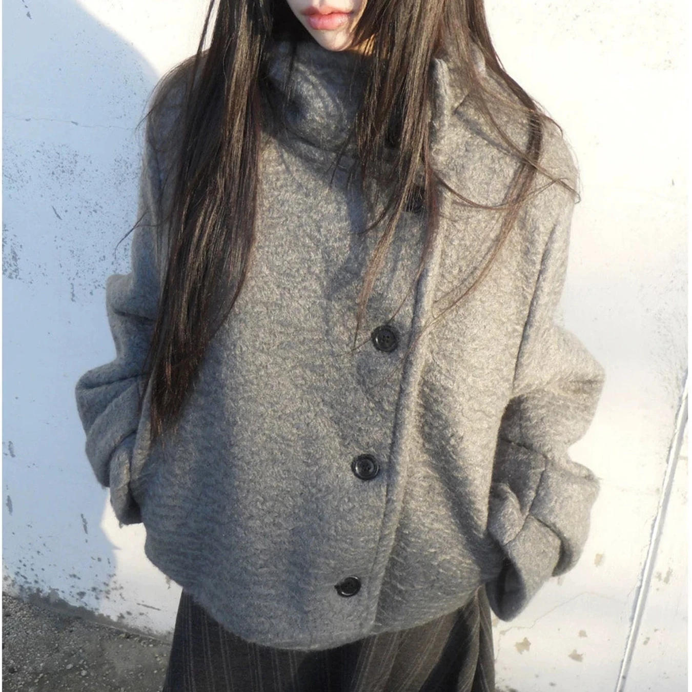 Autumn Winter Women Solid Color Stand Collar Loose Jacket Single Breasted Warm Casual Cardigan Coat