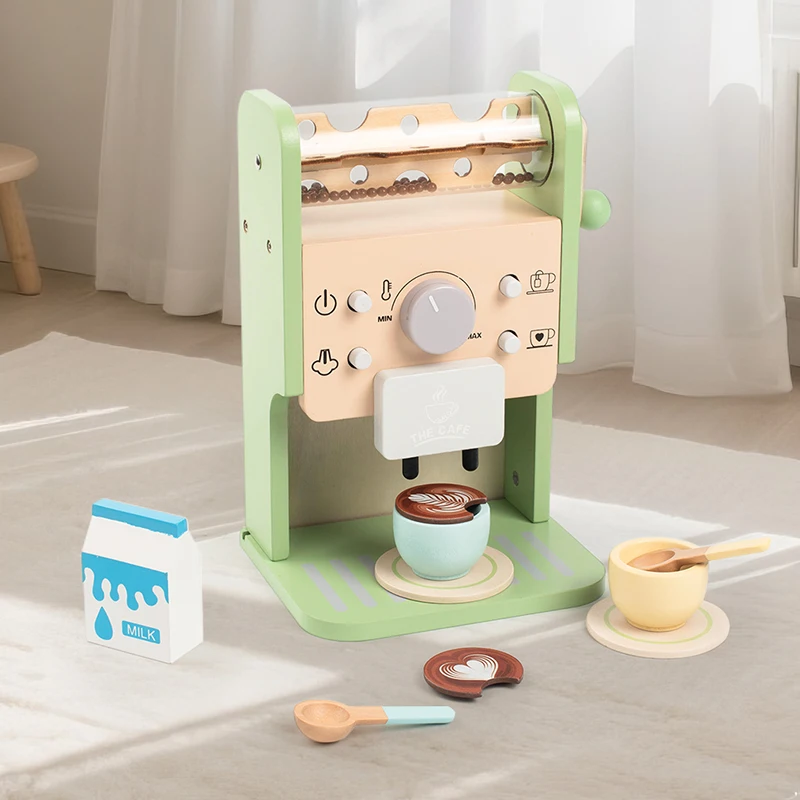 

Деревянный набор игрушек для кофемашины с чашками и картонными коробками для молока. Нехайте детский опыт, который бы маленький бариста.