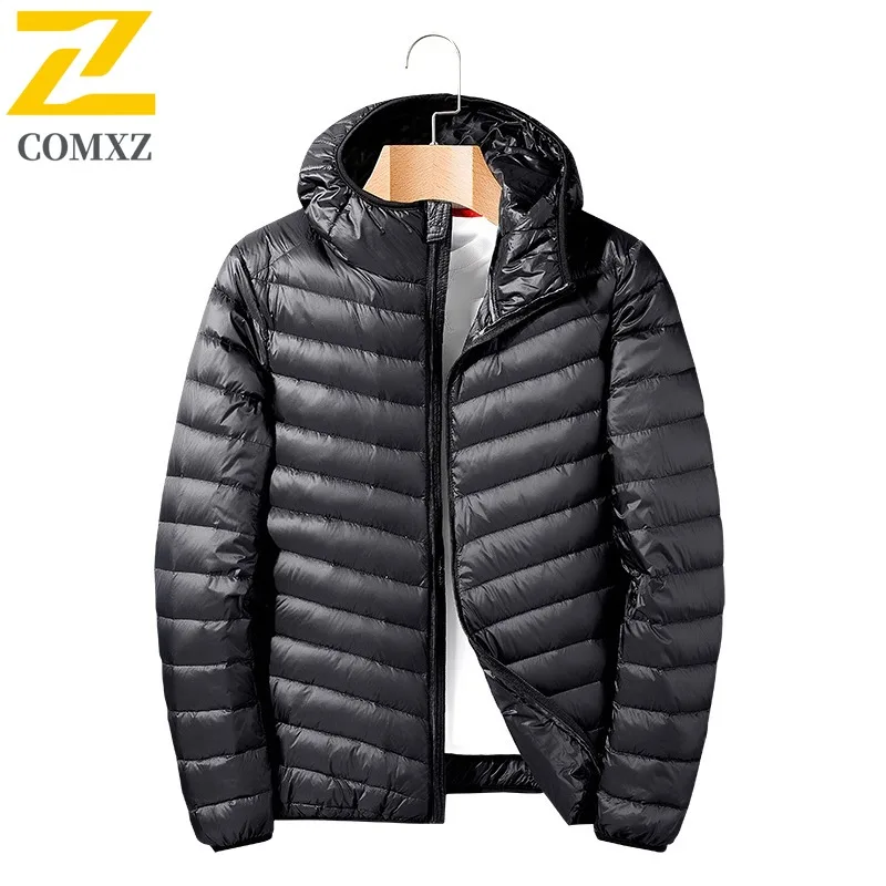 COMXZ 90% White Duck Down Autumn Winter Lightweight Men Stand Collar Hooded Short Style Waterproof Windproof Warm Leisure Parka