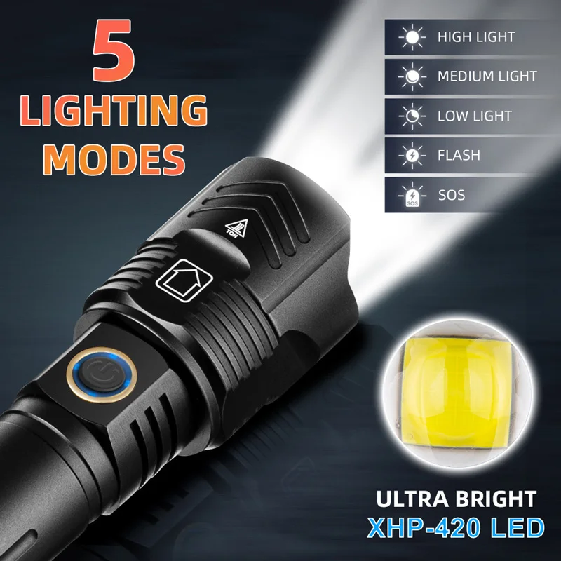 30000 Meters Ultra Long Shot Power LED Flashlight 3000W USB Lantern NEW XHP420 Tactical Torch Input/Output Zoom Light Waterproof