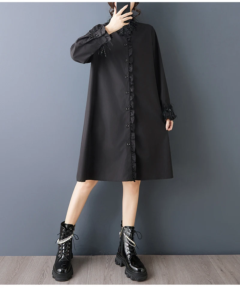 SuperAen 2026 ربيع وخريف جديد فضفاض أسود شرابة تقسم شجرة صالحة للأكل فطريات الوقوف طوق تصميم فساتين قميص عصرية #5