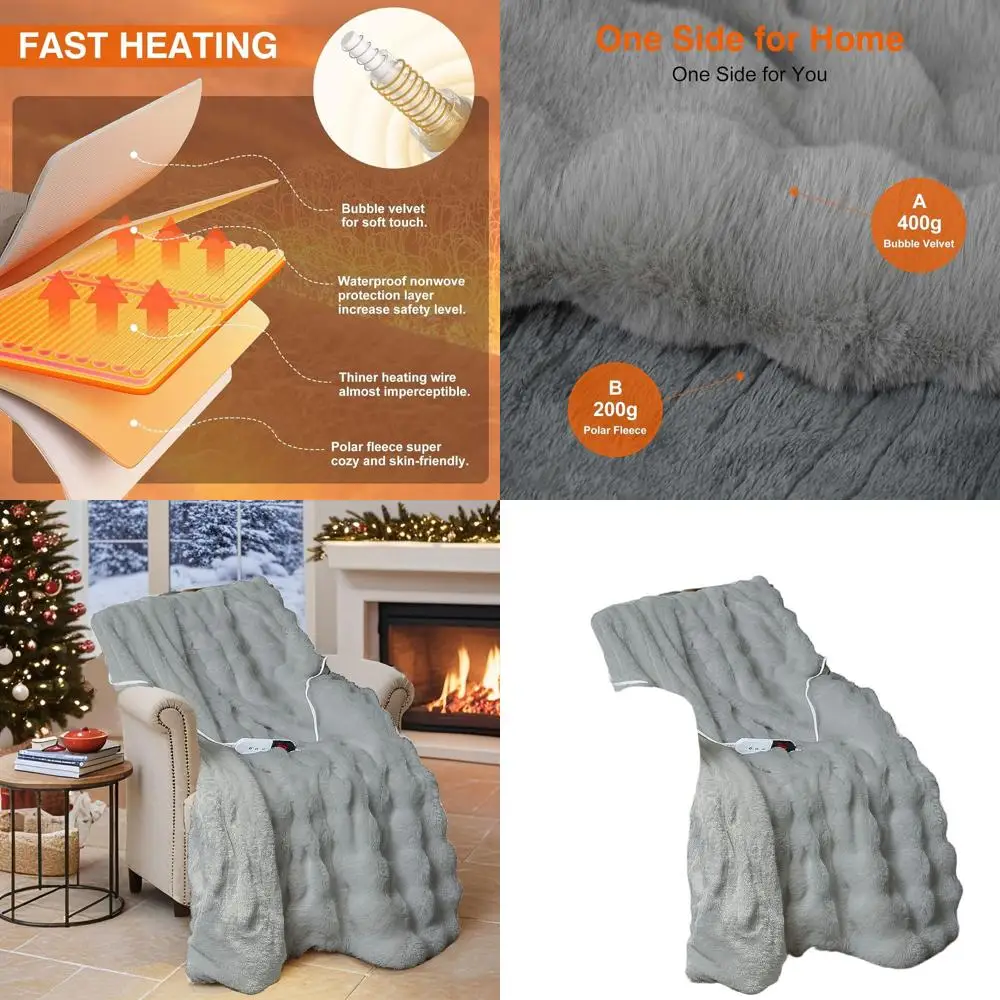 

6-Level Adjustable Heating, Auto-Off, Washable Faux Rabbit Fur Electric Blanket, Overheating Protection, ETL Certified, Light Gr