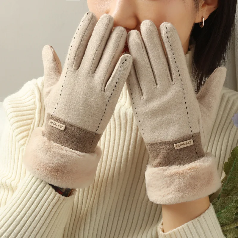 

Winter Women Thick Plush Gloves Fashion Warm Suede Touch Screen Gloves Full Finger Outdoor Windproof Driving Gloves Fleece Lined