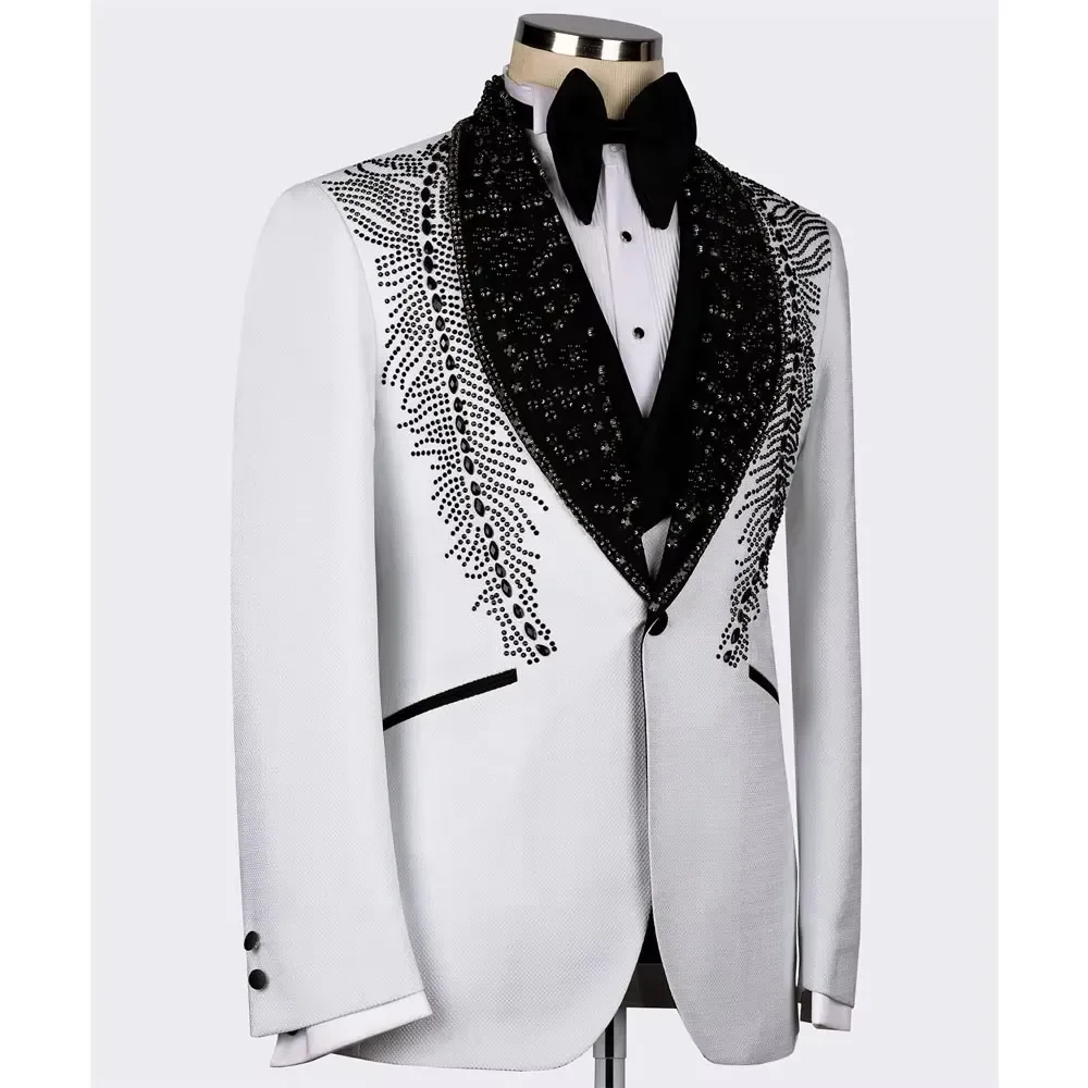 White Men's Suits Fashion 2 Pieces Sets Groom Prom Blazers Luxury Beaded Pearls Decoration Tuxedos Men