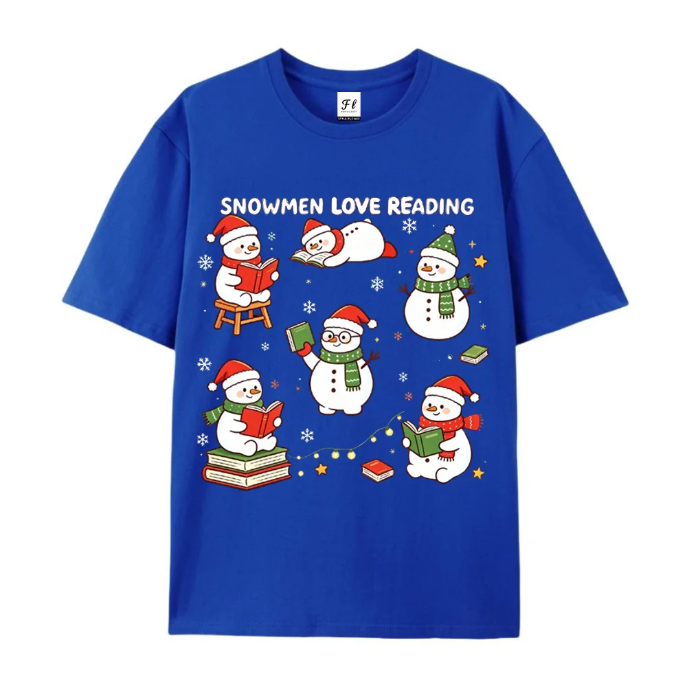 Women Christmas Snowman Reading Graphic T Shirt Cute Holiday Print Short Sleeve Casual Streetwear Top ﻿
