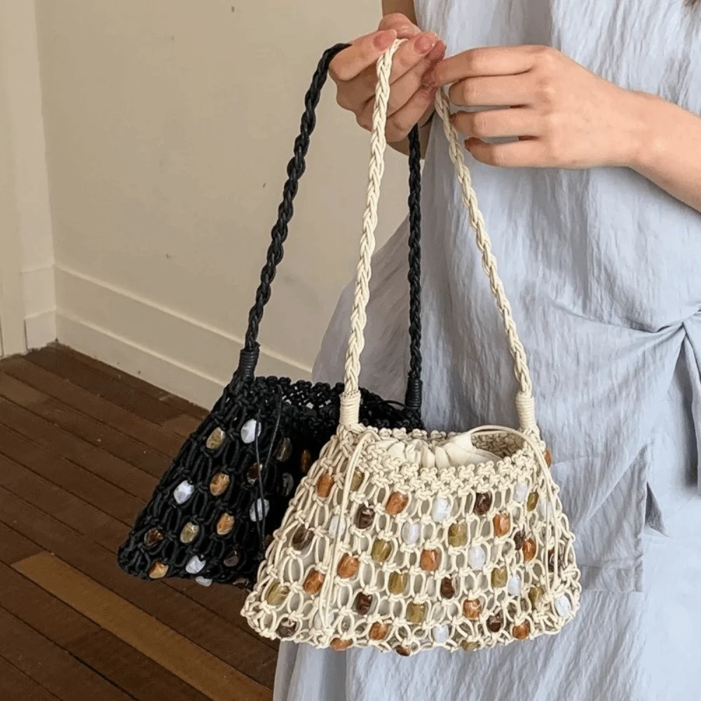 New Hollow Woven Bead Shoulder Bag Bohemian Summer Beaded Woven Bag Large Capacity Colorful Crossbody Beach Bag Shopping