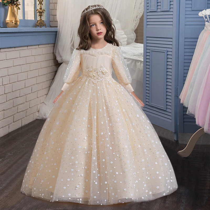New Girl's First Birthday Party Dress Medium Long Sleeve Bubble Sleeve Fluffy Dress Girl Beaded Lace Graduation Prom Dress