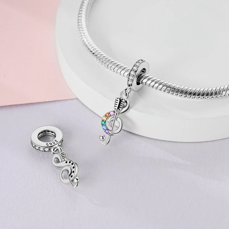 Original 925 Sterling Silver Music Note Microphone Charms Beads CZ Zircon Dangle For Women Fine DIY Birthday Jewelry Gifts
