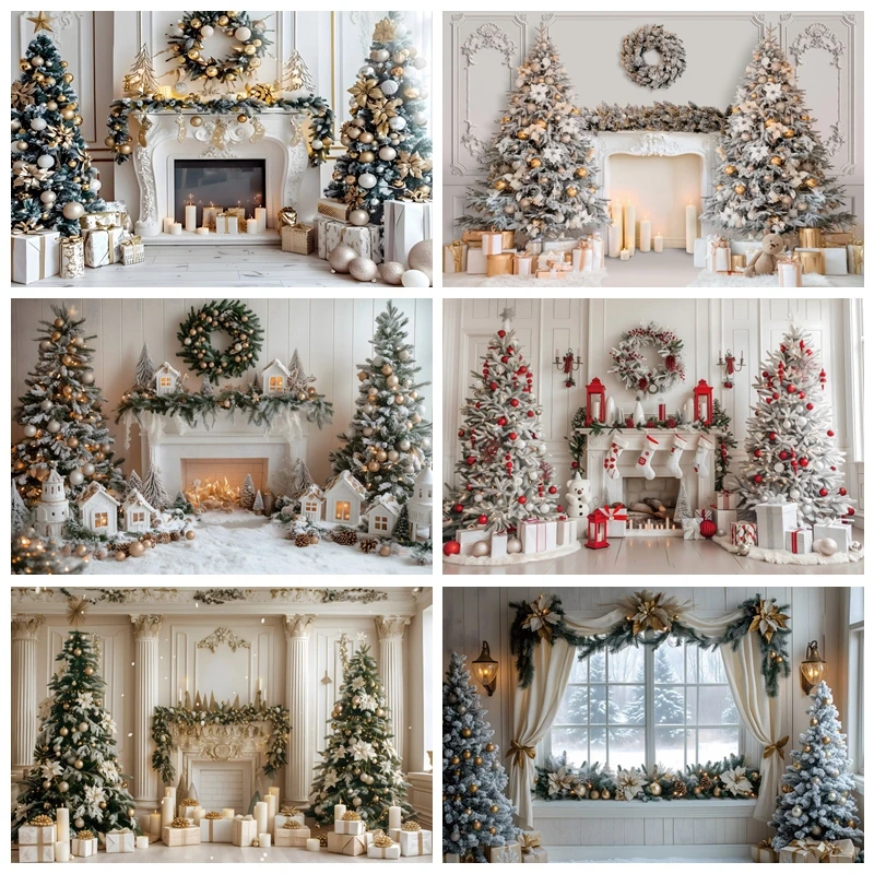 

Christmas Palace Fireplace Photography Backdrops Window Christmas Tree Gifts Adults Kids Portrait Family Party Photo Background