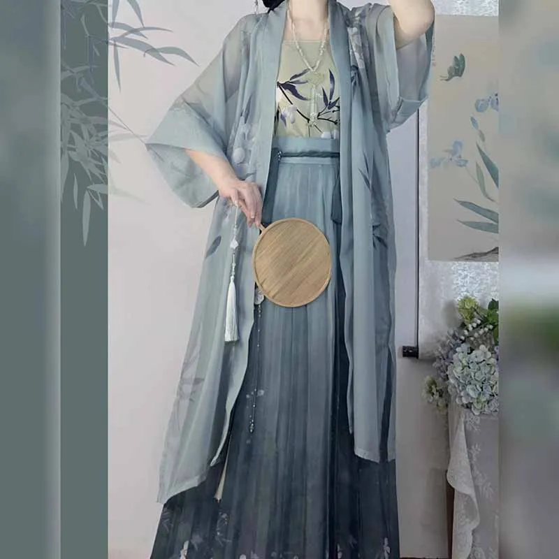 Summer Chinese Hanfu Dress 3pcs Sets Improved Modern Style Traditional Cyan Cardigan Coat+Top+Skirt 3pcs Sets Hanfu Women