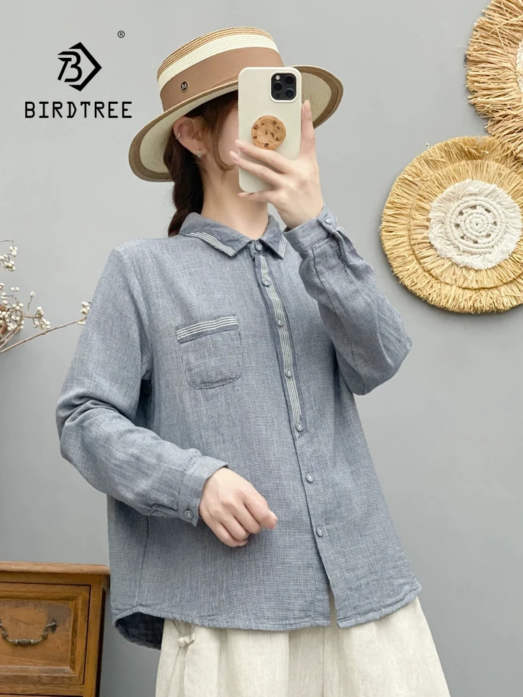 New 2026 Autumn Women Cotton Yarn Long Sleeve Shirt, Turn-down Collar Houndstooth, Mori Girl Soft Vacation Loose Blouse T6O591CC