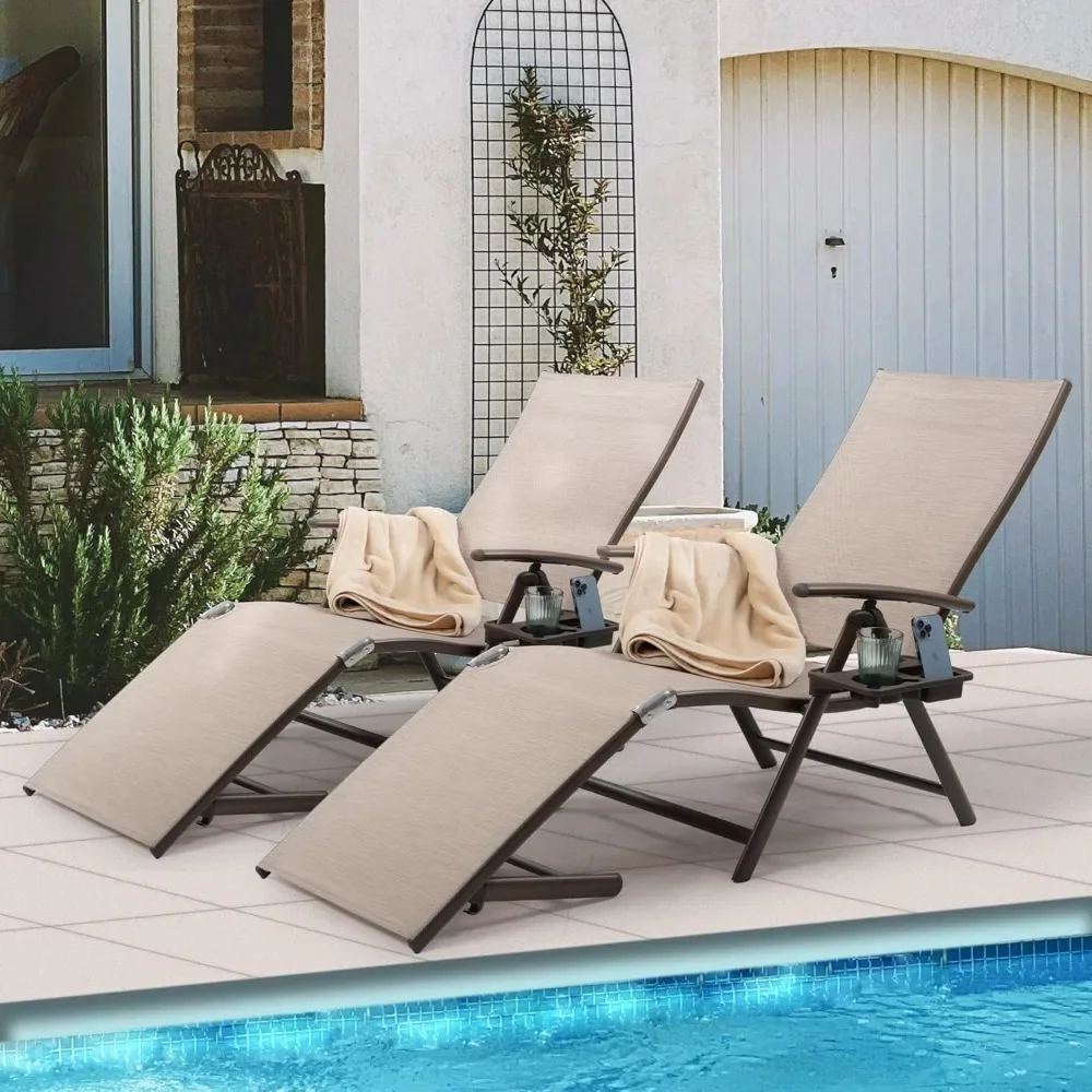 Set of 2 Outdoor Chaise Lounge with Drink Holder, Weather Free, Adjustable, Aluminum Reclining Lounge Chair for Beach Yard Pool