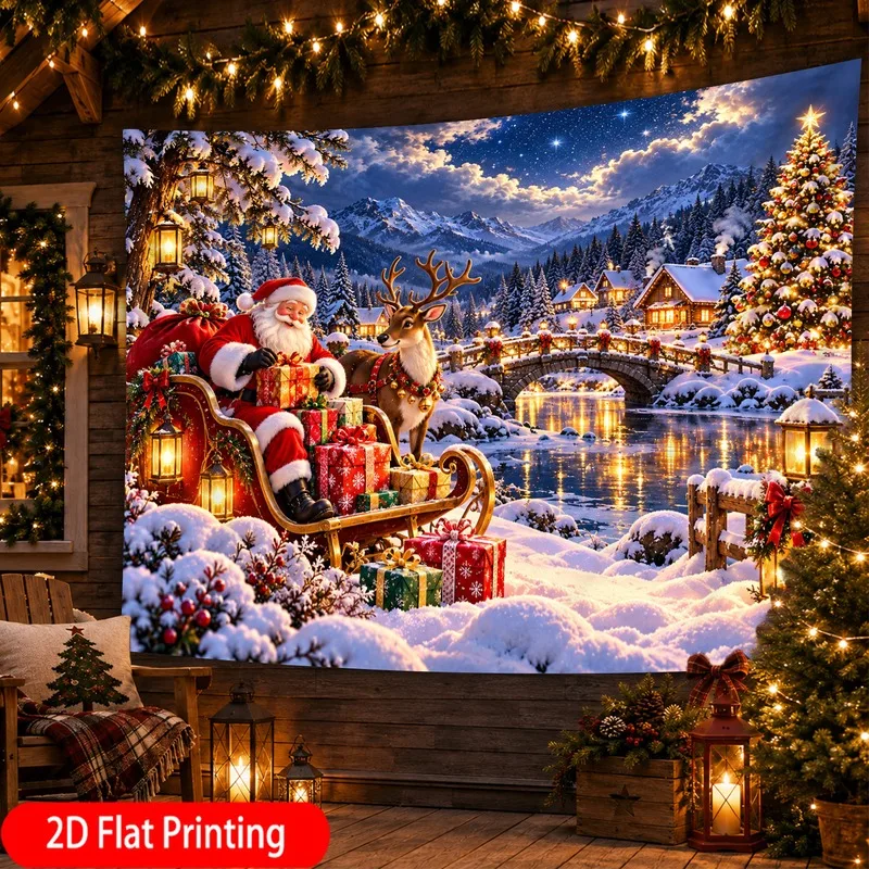 VIKAMA Santa Brick Wall Tapestry, Christmas Night Moon Snowy Village, Xmas Backdrop for Party Photo Booth Wall Decor