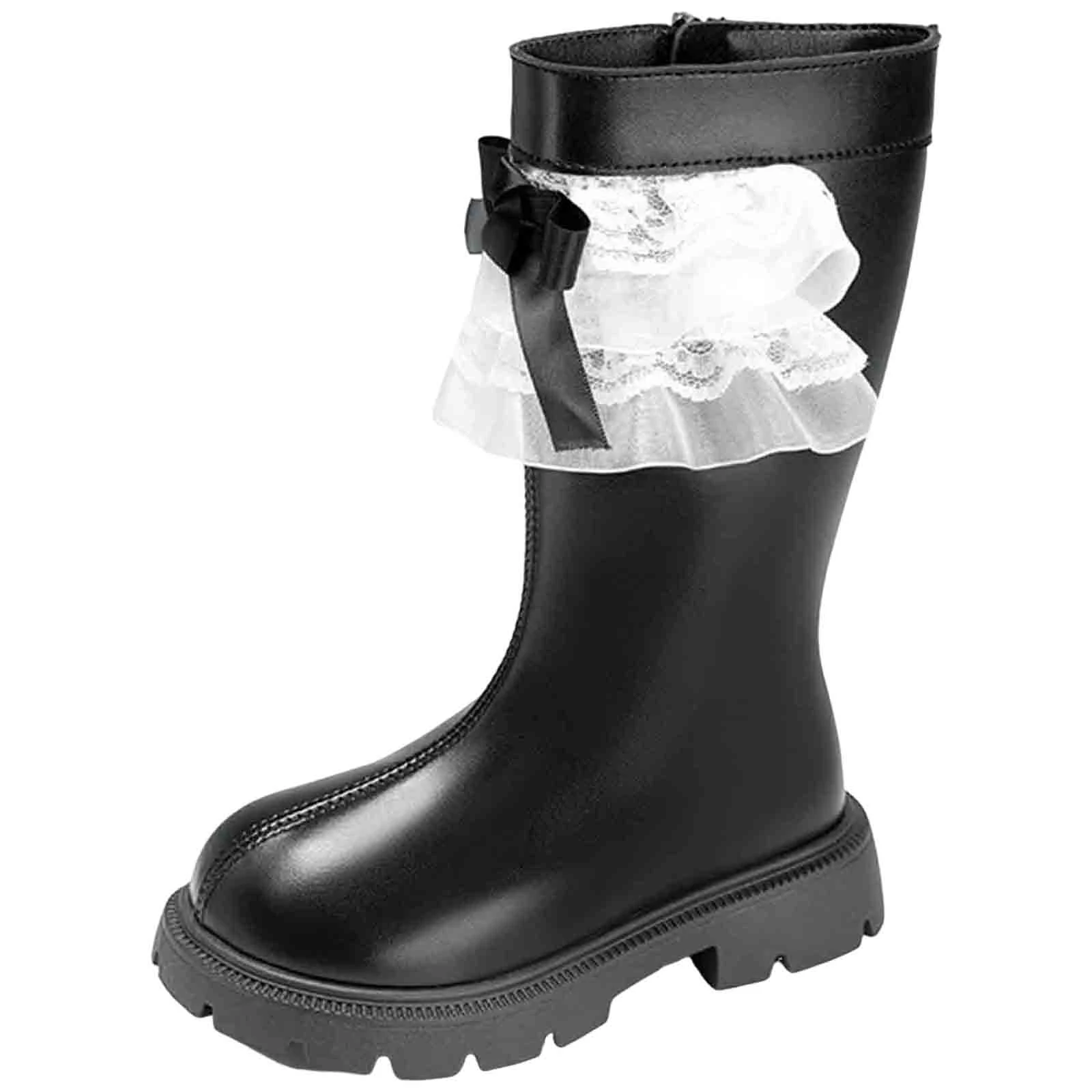 

Ковбойские сапоги для девочек, детские хлопковые сапоги до середины икры с кружевным бантом для девочек, плюшевые кожаные сапоги для девочек, ковбойские сапоги для детей