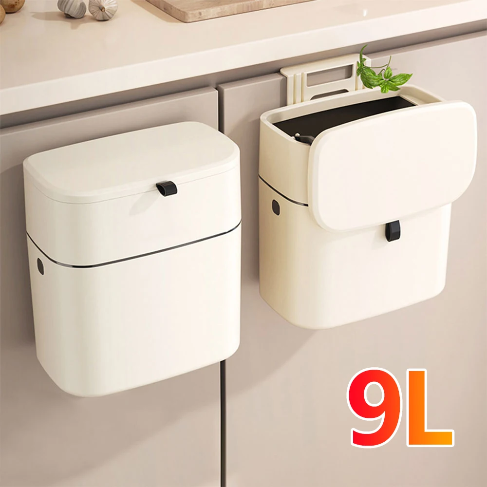 9L Hanging Trash Can For Kitchen Cabinet Door Wall Mounted Bathroom Kitchen Wastebasket Toilet Trash Bin with Lid Garbage bag