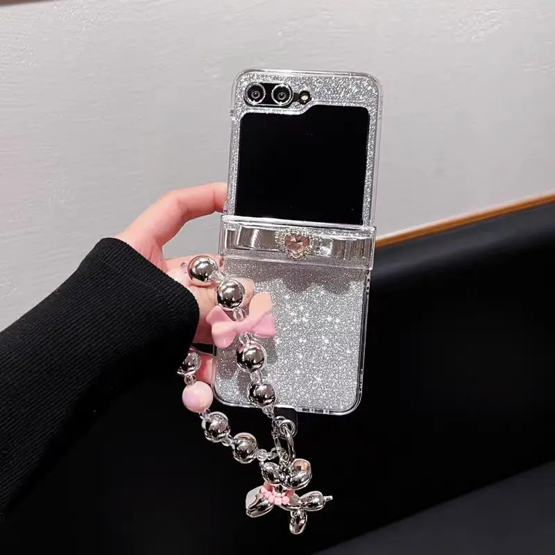 For Samsung Galaxy Z Flip 6 5 4 3 5G F7110 F7070 Unique Cute Gift Glitter Bow Knot Heart Jewelled Bracelet Phone Case Cover