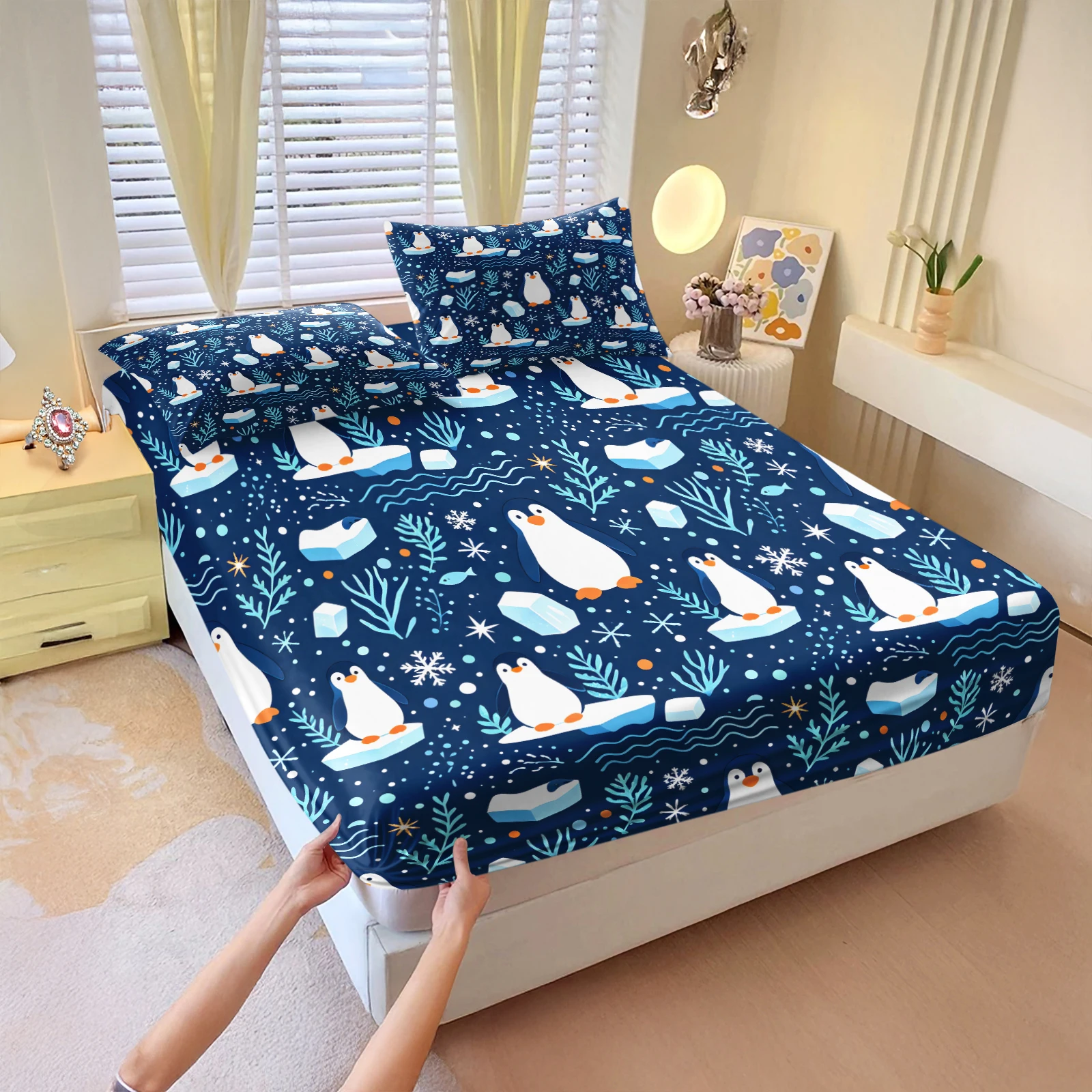 Dark Blue Cute Penguin Fitted Sheet Set Cartoon Antarctic Ice Snow Sea Print Deep Pocket Elastic Mattress Cover with Pillowcases