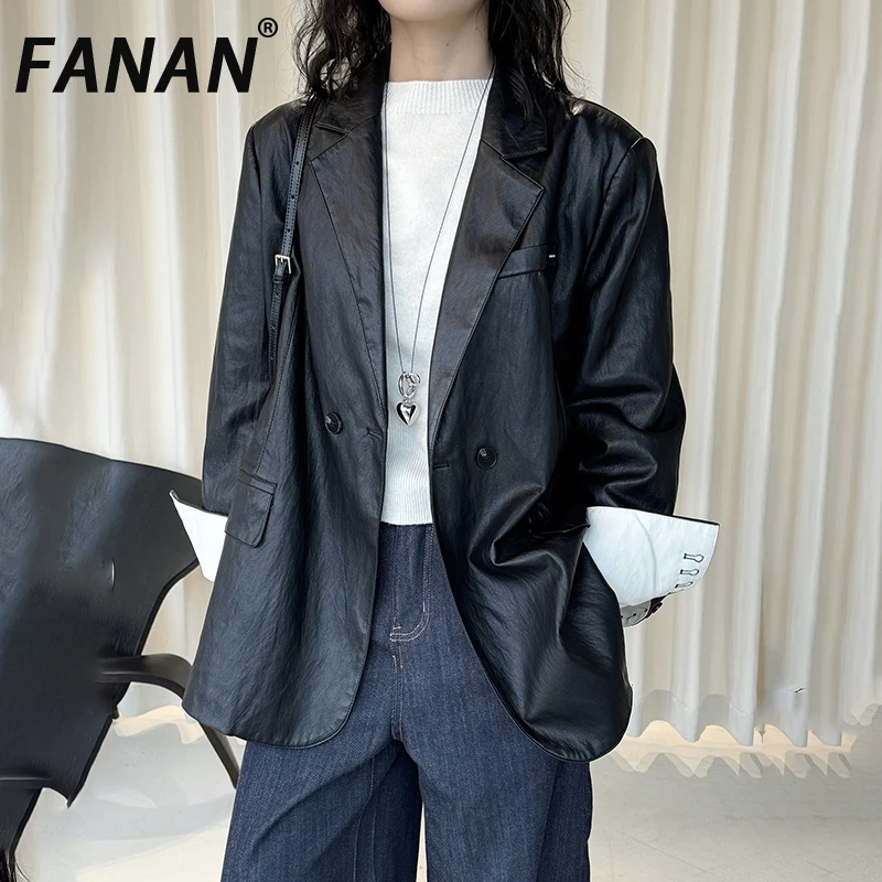 

FANAN Vintage Leather Blazers For Women Contrast Color Lonng Sleeve Loose Elegant Jackets Female Clotting 2026 Spring New