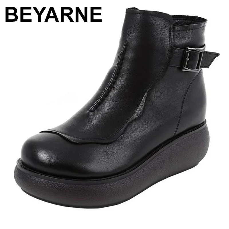 BEYARNE  Women Water Proof Snow Boots 100% Natural Wool Genuine Leather Platform Ankle Boots for Women Winter Warm Shoes