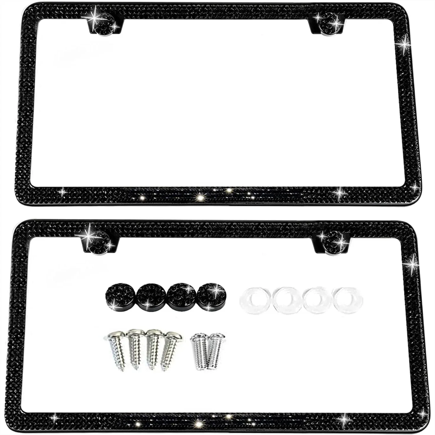 

Блестящие рамки для номерных знаков, автомобильные аксессуары с сияющими стразами и кристаллами для женщин - 2 штуки в черном цвете.