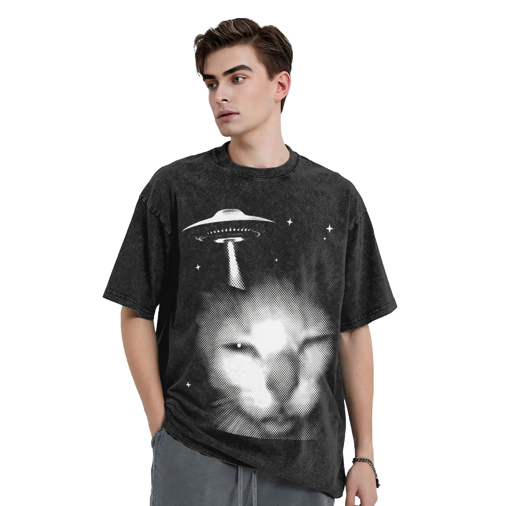 Funny Alien Invasion Cat Meme Washed T Shirts Streetwear Hip Hop T-Shirts  Tee Shirt for Men Women 100% Cotton Harajuku Summer