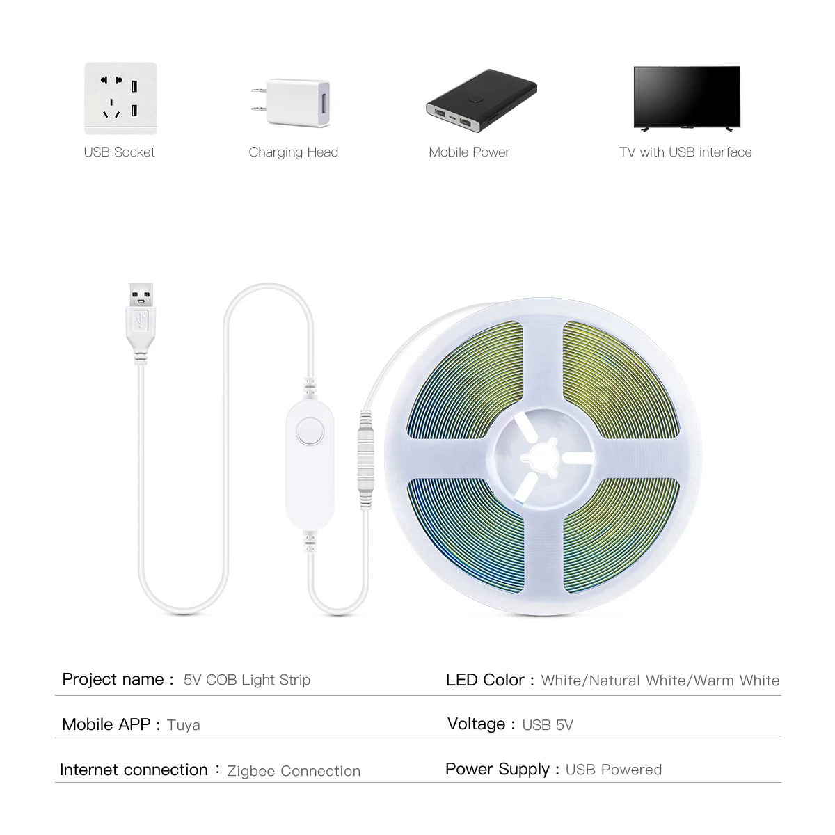 Tuya Zigbee 3.0 COB LED Strip 1m 2m 3m 5m Elastyczne światło z możliwością ściemniania 3000K-6500K dla Philips SmartThings Bridge Alexa Google