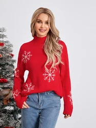 wsevypo Snowflake Jacquard Christmas Sweaters Women's Long Sleeve Turtleneck Knit Pullovers Fall Winter Loose Jumpers Tops