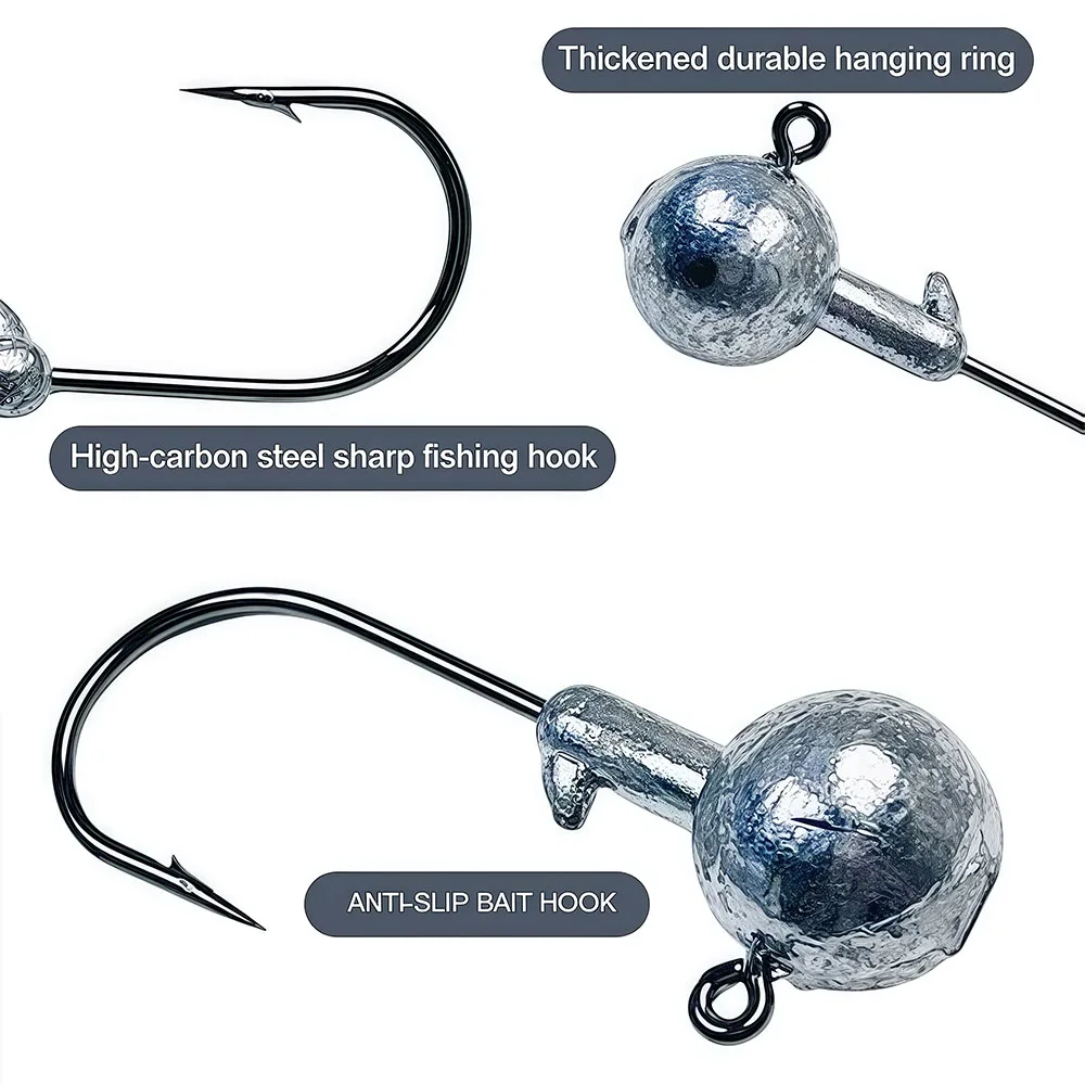 Limnoid Jig Head Hooks Kit, 30 Stück, scharfe Haken aus Kohlenstoffstahl mit Bleikugelkopf für das Angeln mit weichen Ködern im Salzwasser und Süßwasser – Detail 5