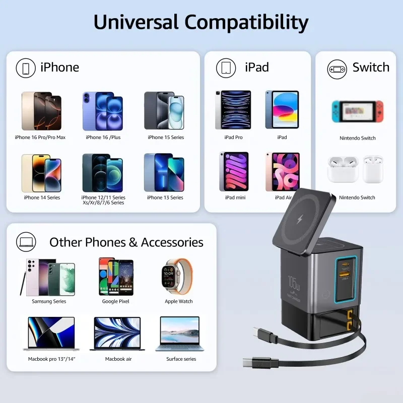 6-in-1 Charging Station with Retractable USB-C Cable Power Combo Tower 105W for Multiple Devices Fast Charger for iPhone Airpod