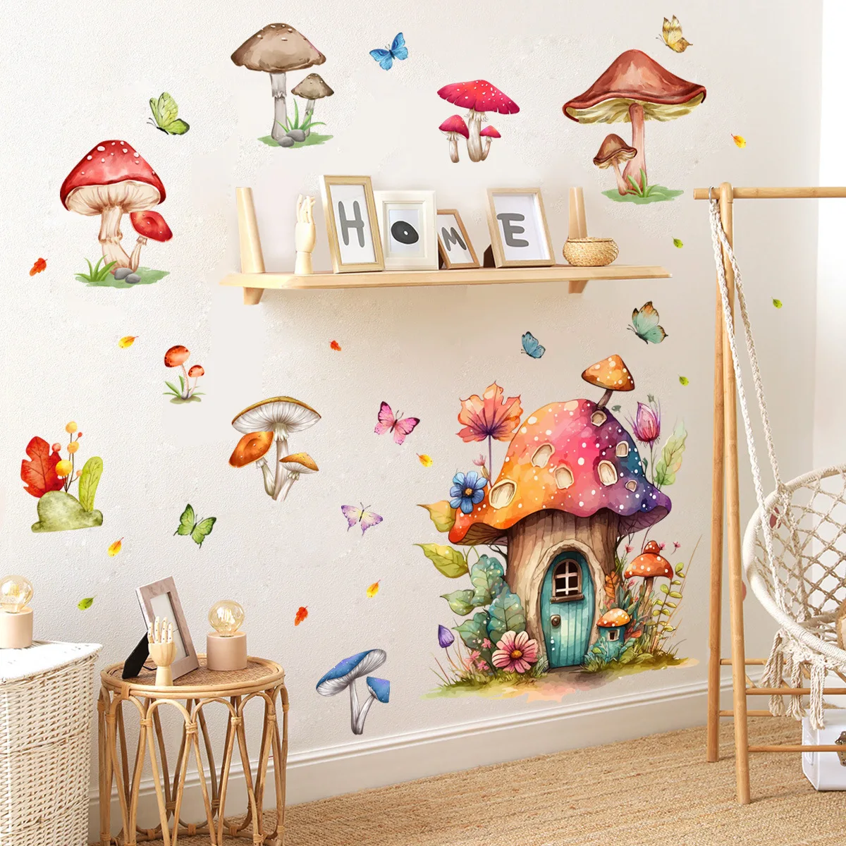 2pcs Watercolor Wind Cartoon Forest Mushroom House Mushroom Wall Sticker Children's Bedroom Decorative Mural Wallpaper Ms572