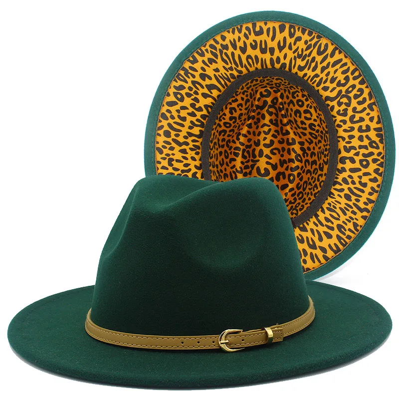 

Fedora Hats Women Men Trilby Caps Fedoras Leather Belt Jazz Hat Lady Inner Leopard Print Derby Cap Lady Felt Blower Chapeau Hats