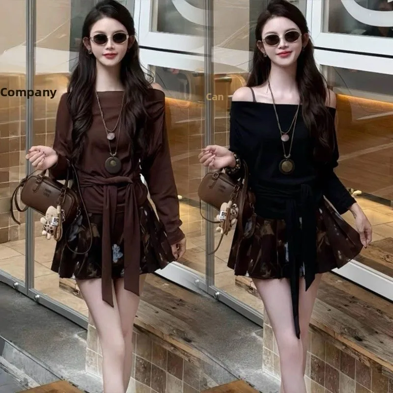 

Модный женский комплект-двойка с поясом, приталенный, для ранней весны, повседневный, с юбкой с высокой талией, дышащий, теплый, из полиэфирного волокна