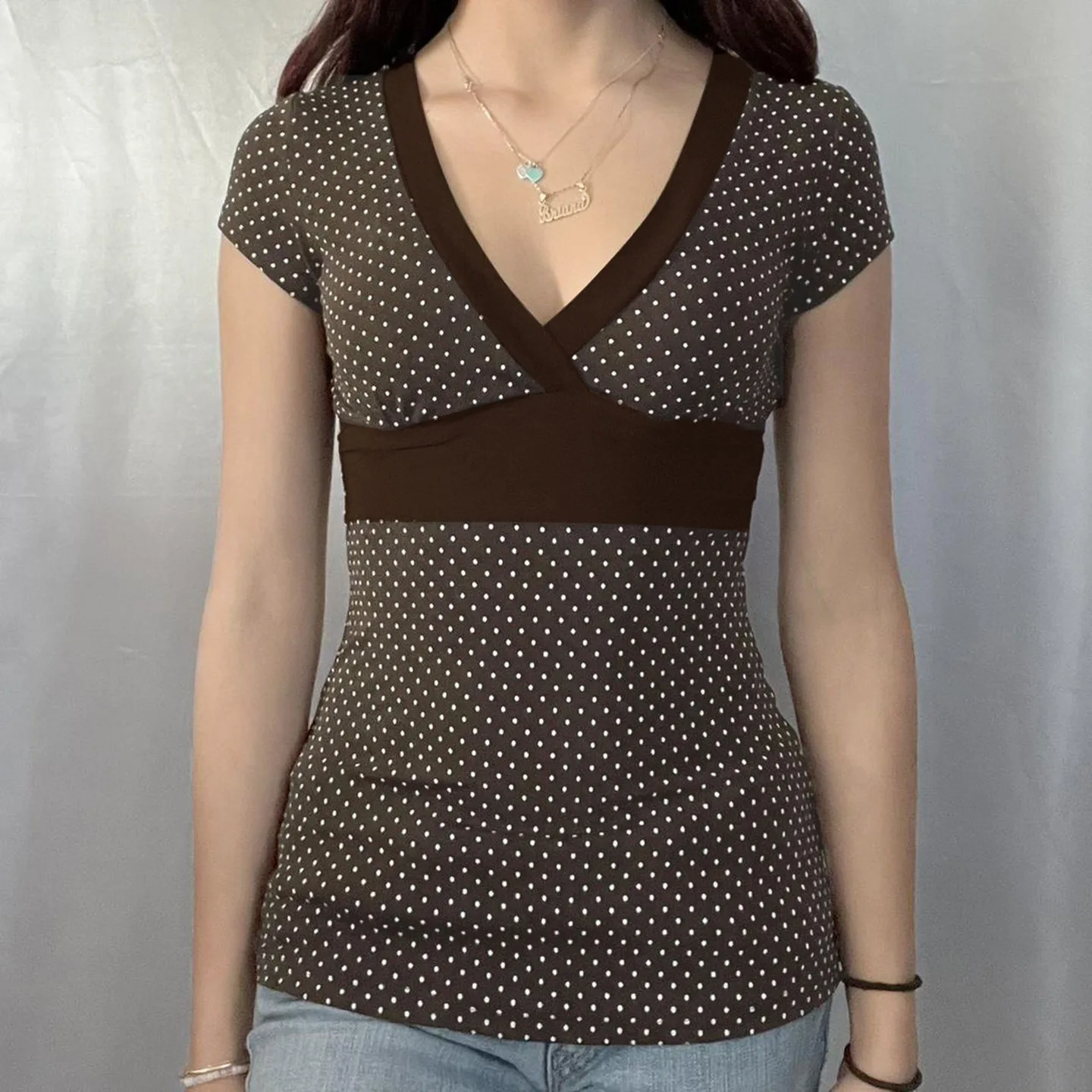 European and American Cross-border Retro Polka Dot V-Neck Short Sleeve T-Shirt with American Vintage Fit and Color Block Patchwo