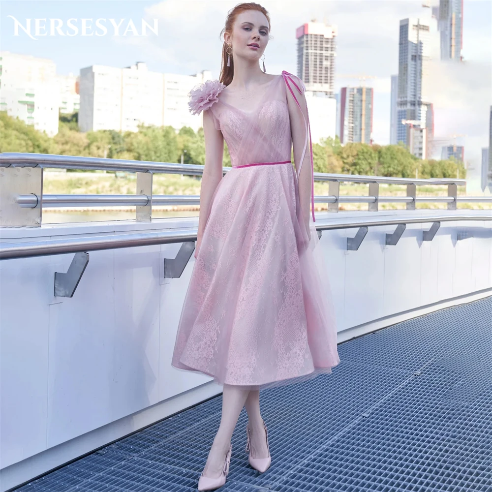 

Nersesyan Blush Pink Lace Formal Prom Dresses Flowers A-Line Bow Ribbons Tea Length Evening Dress Graduation Party Gowns 2024