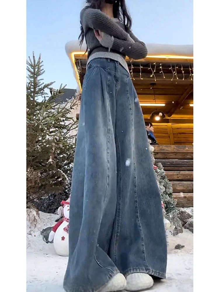 حجم كبير الأمريكية الرجعية Fce اصطف ثي الدنيم السراويل النساء الشتاء فضفاضة عالية الخصر ضئيلة مستقيم الساق واسعة الساق السراويل