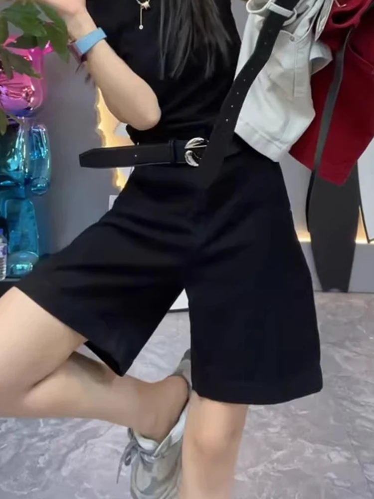 

Джинсы женские летние с высокой талией, прямые, тонкие, из денима, свободного кроя, облегающие, повседневные, длиной до колена, однотонные