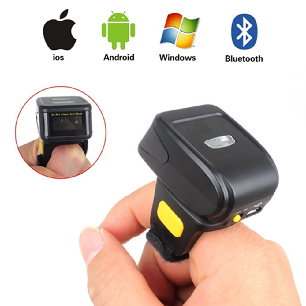 2D Wearable Ring Barcode Scanner Mini Portable 3-in-1 USB Wired & 2.4G Wireless Bluetooth Finger Scanner for iPad iPhone