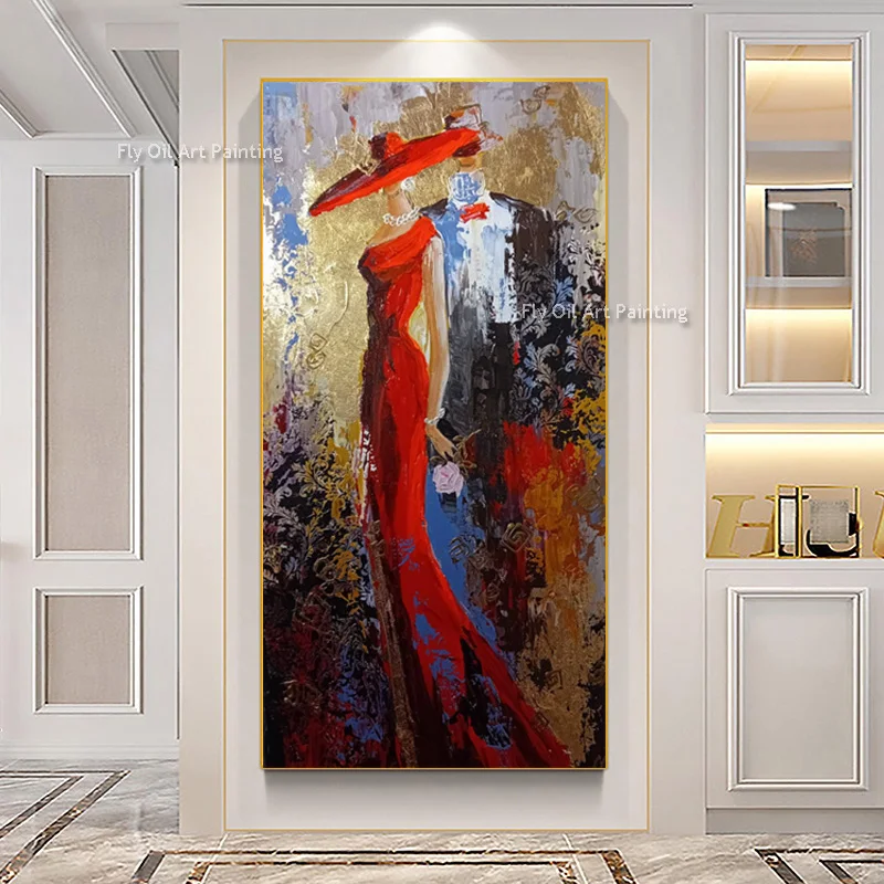 

Elegance Women Wall Art Handmade New Beautiful Women Wear Red Dress Dancing Oil Painting Fashion Brown Yellow Girls Canvas Art
