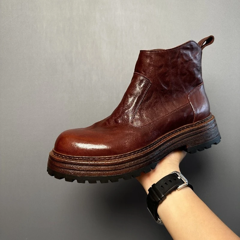 

Retro Chelsea Boots Men's Shoes Work Casual Thick Sole British Zipper Motorcycle Hiking Riding Ankle Boots Male High Top Outdoor