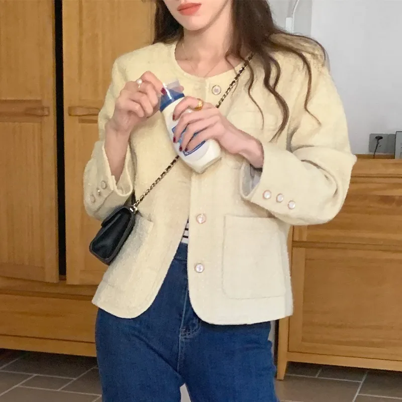 Chaqueta de Tweed Vintage para mujer, abrigo corto de manga larga con cuello redondo y botonadura única, Otoño, 2024