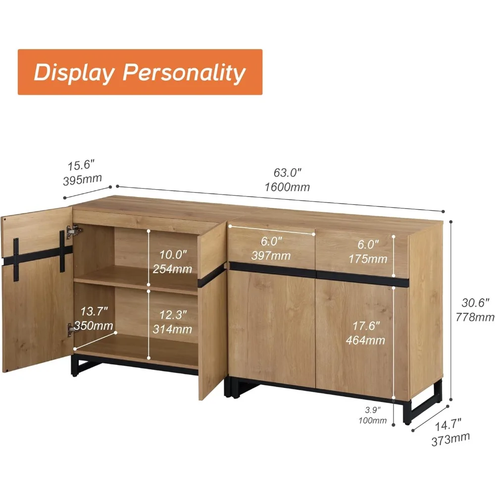 Dual-Purpose Modern Sideboard Buffet Cabinet with Adjustable Shelves and Metal Frame
