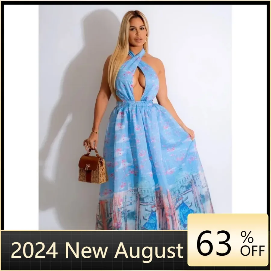 2024temu New Europe, America and Africa Fashion Printed Chiffon Backless Sexy Dress L2430